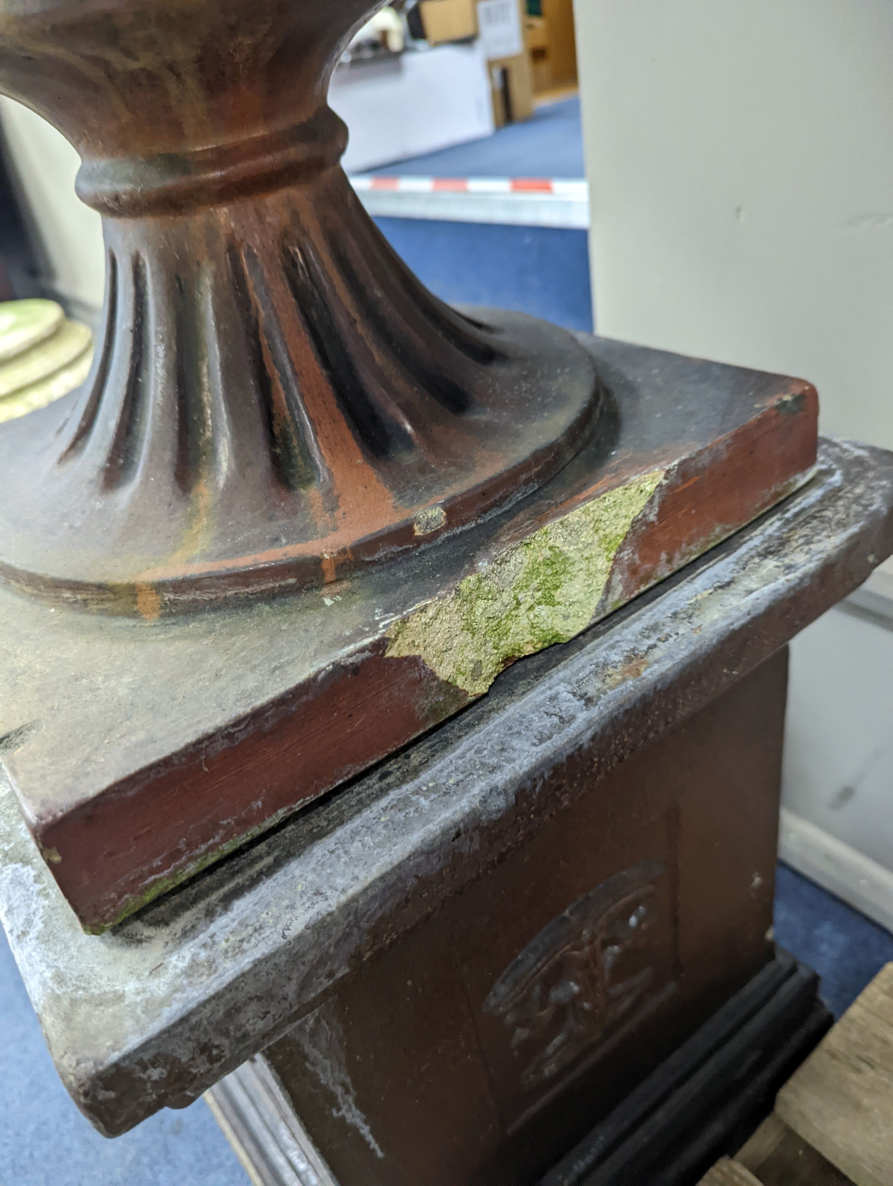 A Victorian glazed earthenware campana garden urn on square plinth, height 99cm